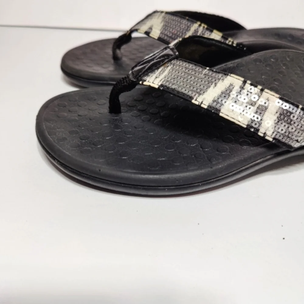 VIONIC Women's Tide  White/Black Sequins Orthotic Flip Flop Sandals Size 6